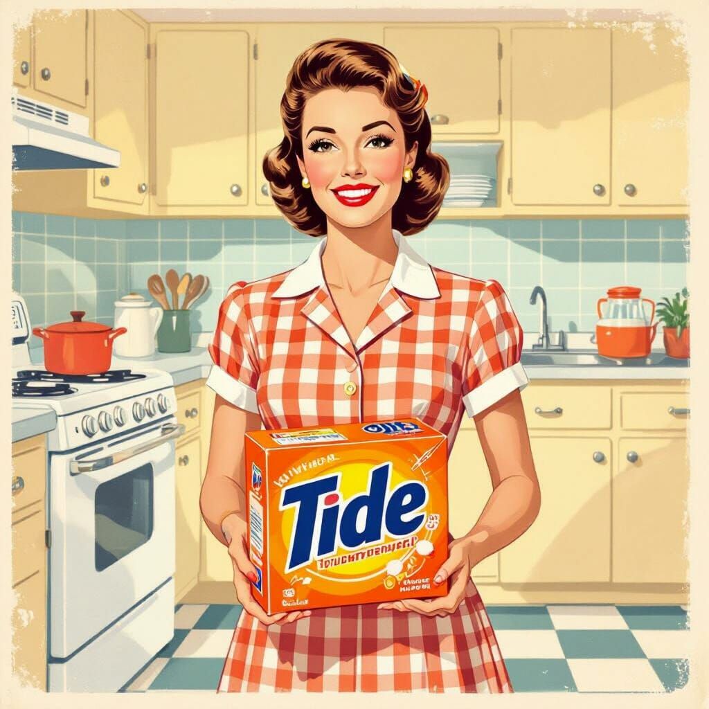 1950s Housewife Holds Vintage Tide Box in Retro Kitchen