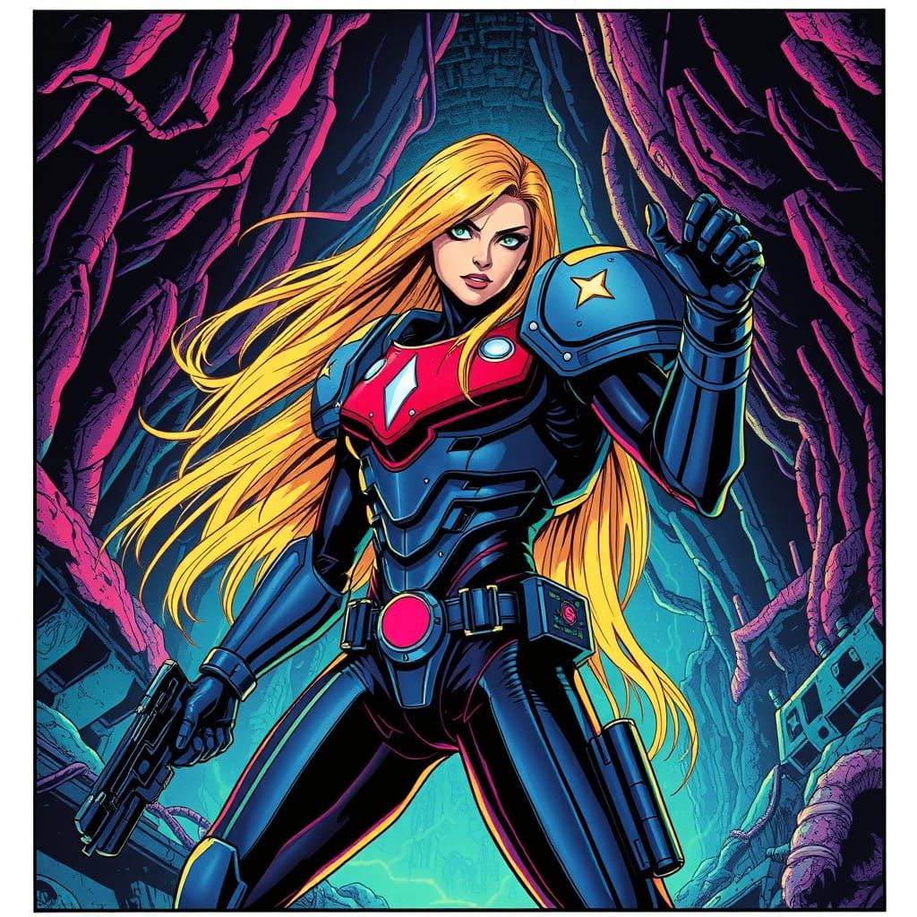 Heroic Warrior in Neon Cavern, Ukiyo-e Style