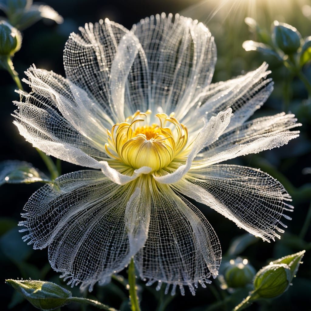 Glowing Spider Silk Flower with Morning Dew