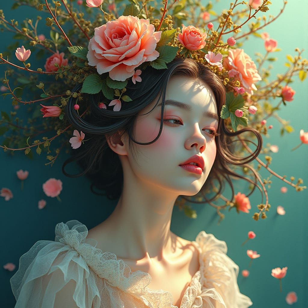 Mystical Woman in Floral Art, Hyperrealistic Digital Paintin...