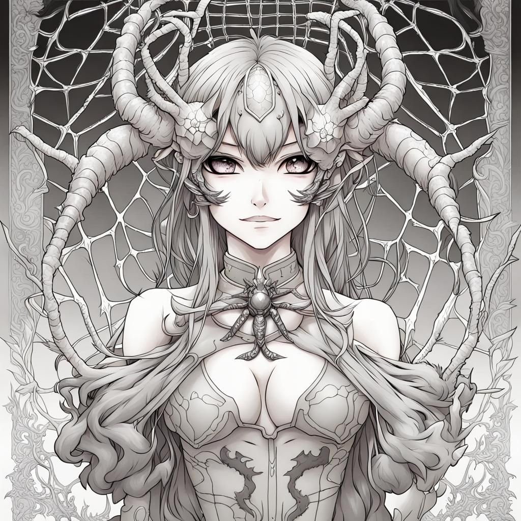 Monochrome Spider Demon Coloring Book Page in Anime Style