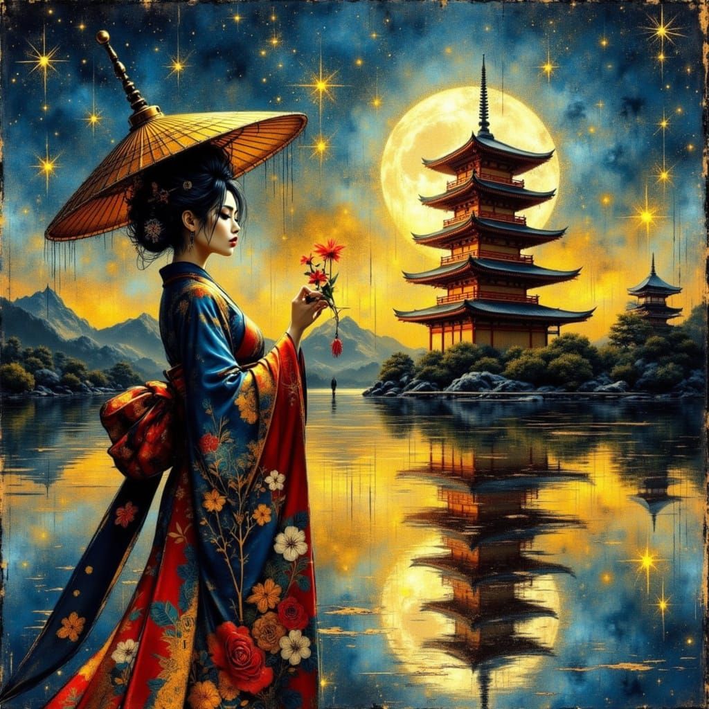 Japanese Woman in Kimono at Night, Impressionist Style