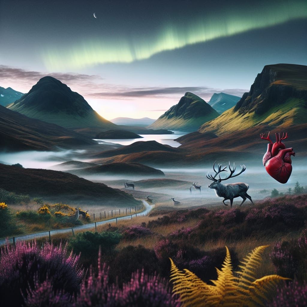 Scottish Highlands: Heart's Chase Under Aurora Borealis