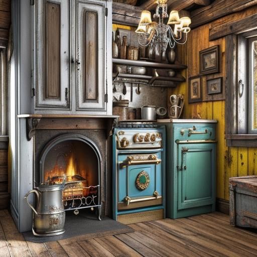 Antique Range Cooker in Abandoned Cabin: 3D Render
