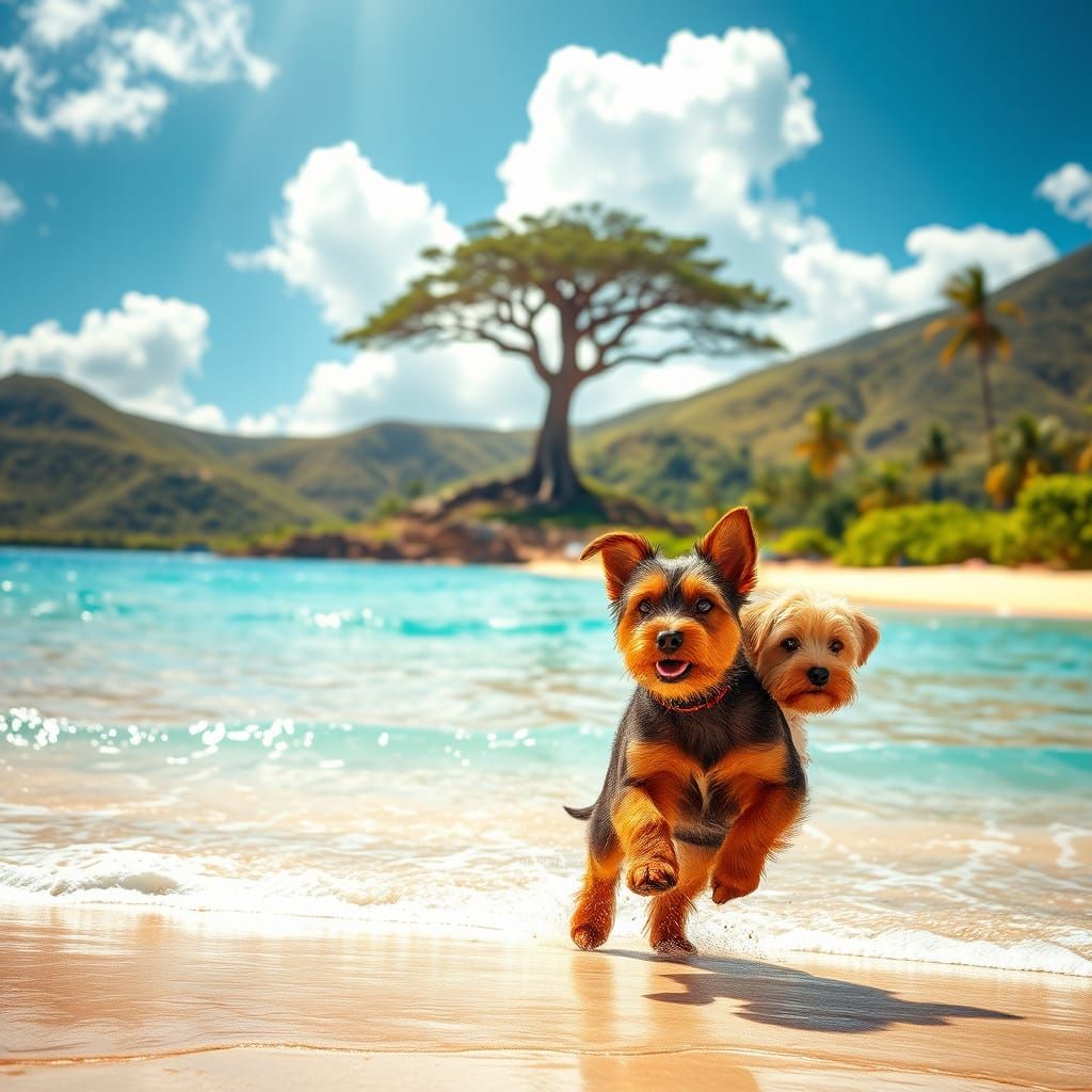 Doberman and Maltese Puppies Play on Sun-Kissed Beach with M...
