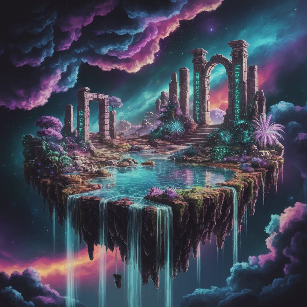 Ethereal Floating Island with Bioluminescent Flora and Ruins