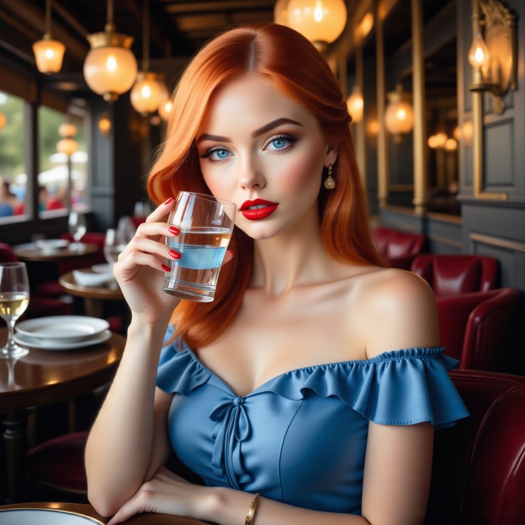 Photorealistic Woman Sipping Water in Restaurant