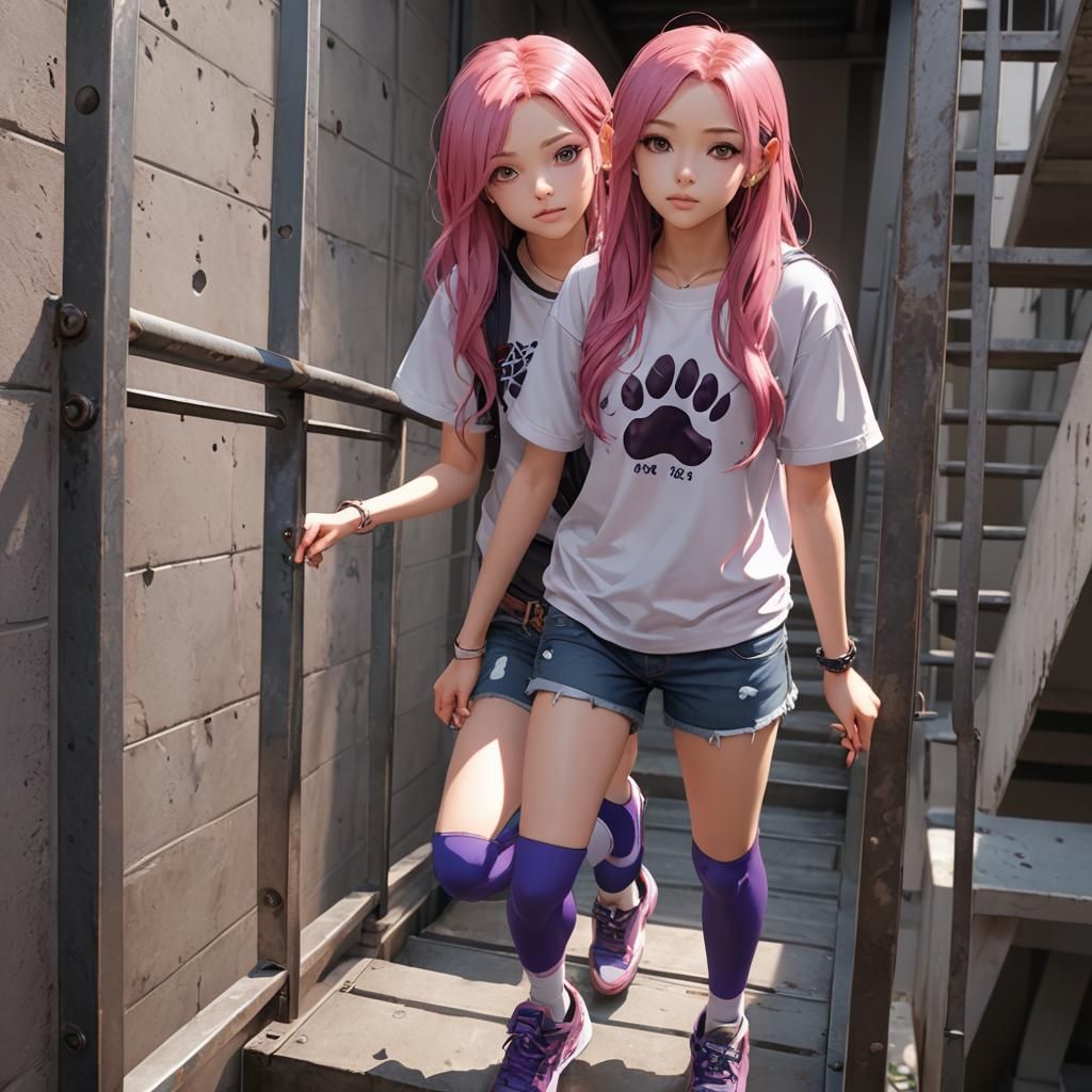 Anime Girl in Stairwell: 3D Art in 8k