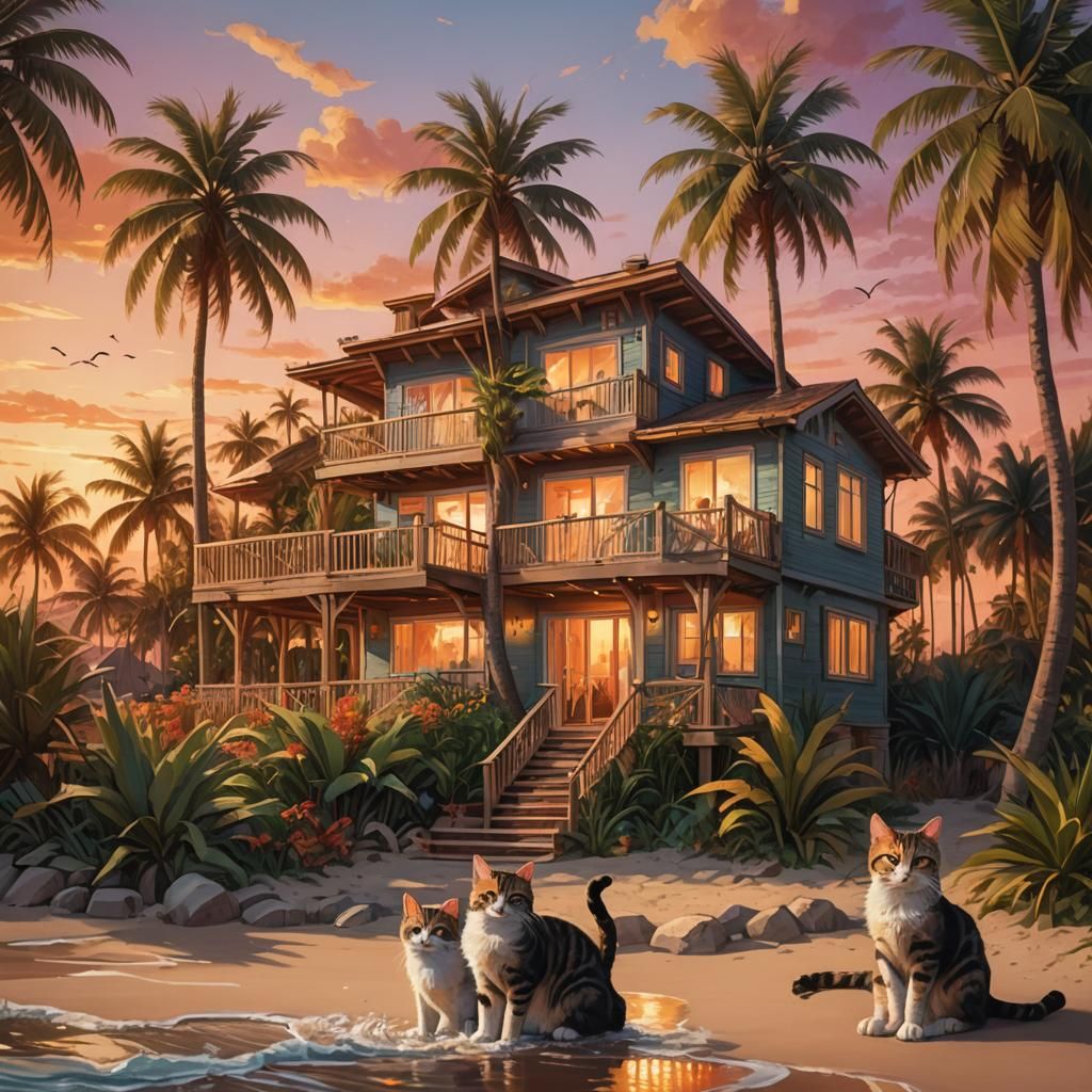 Fantasy Beach House at Sunset: Vibrant Digital Painting
