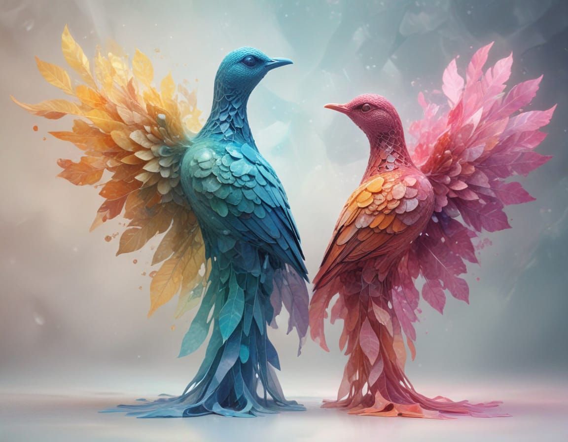 Surreal Birds in Voronoi Diagram with Watercolor Background