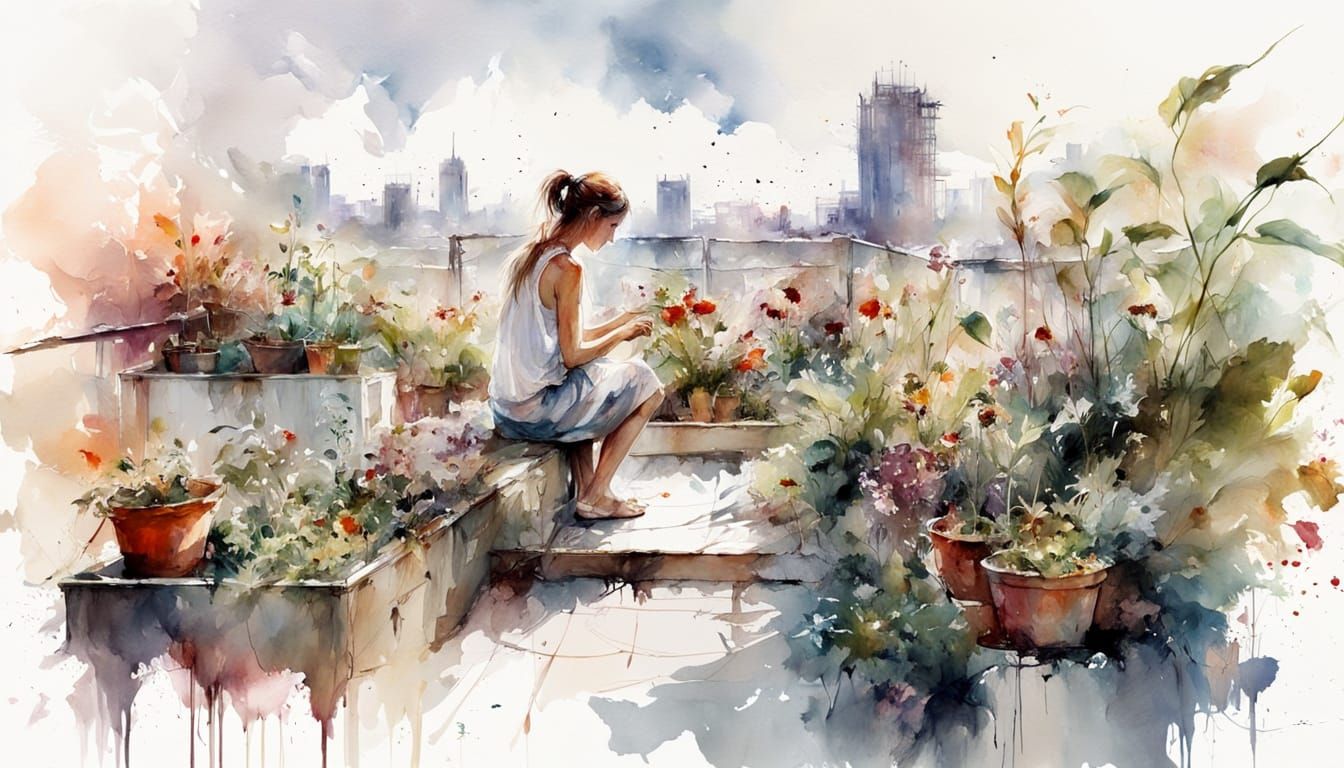 Rooftop Garden Scene in Stylized Watercolour