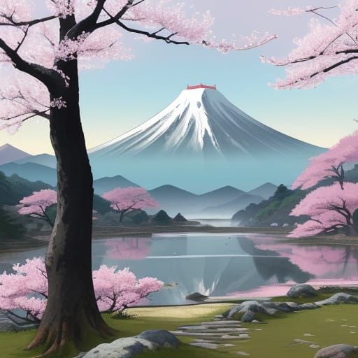 Surreal Cherry Blossom Temples amidst Misty Japanese Mountai...