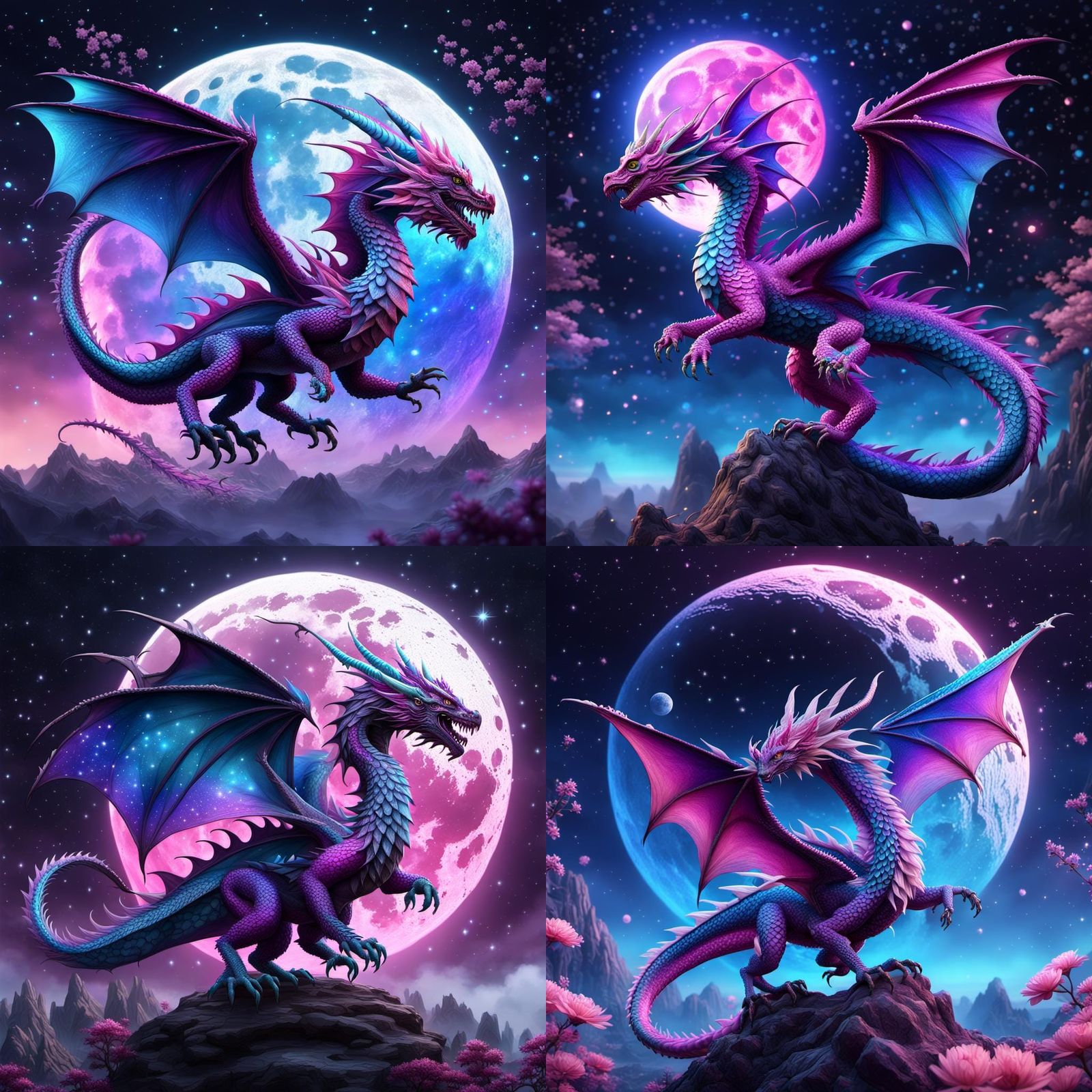 Ombre Flower Dragon Flying Over the Moon