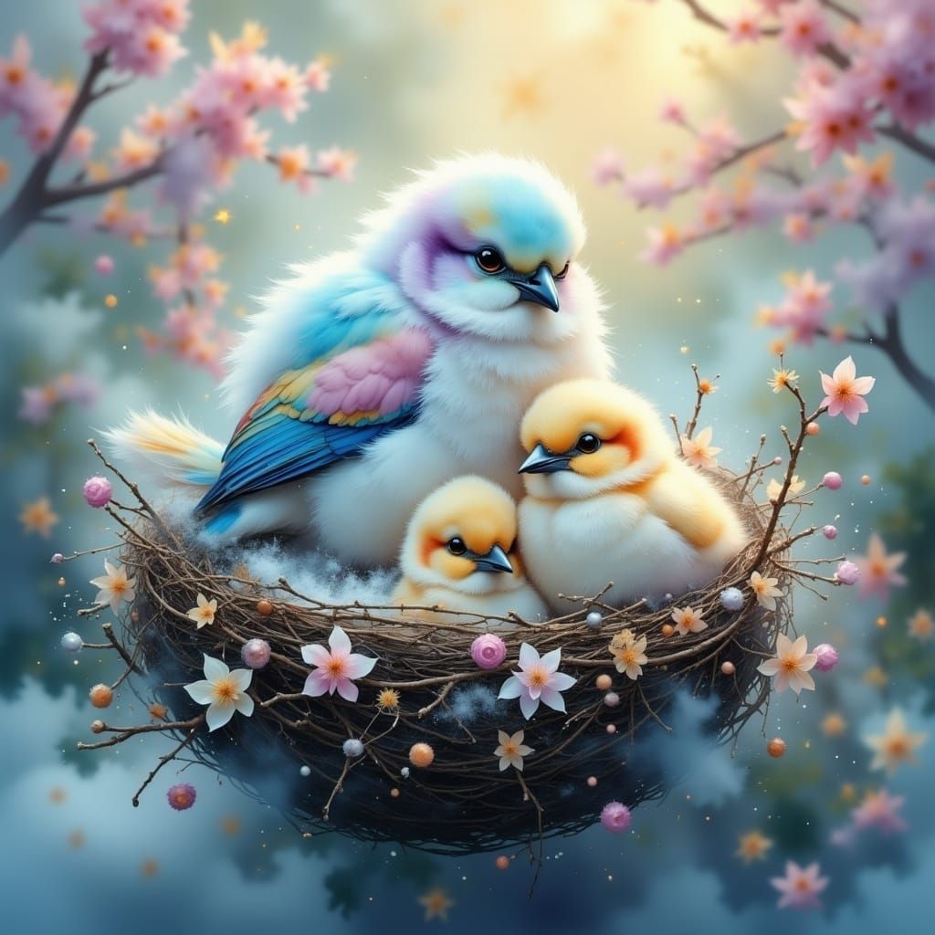 Ethereal Mother Bird with Chicks in Sparkling Nest
