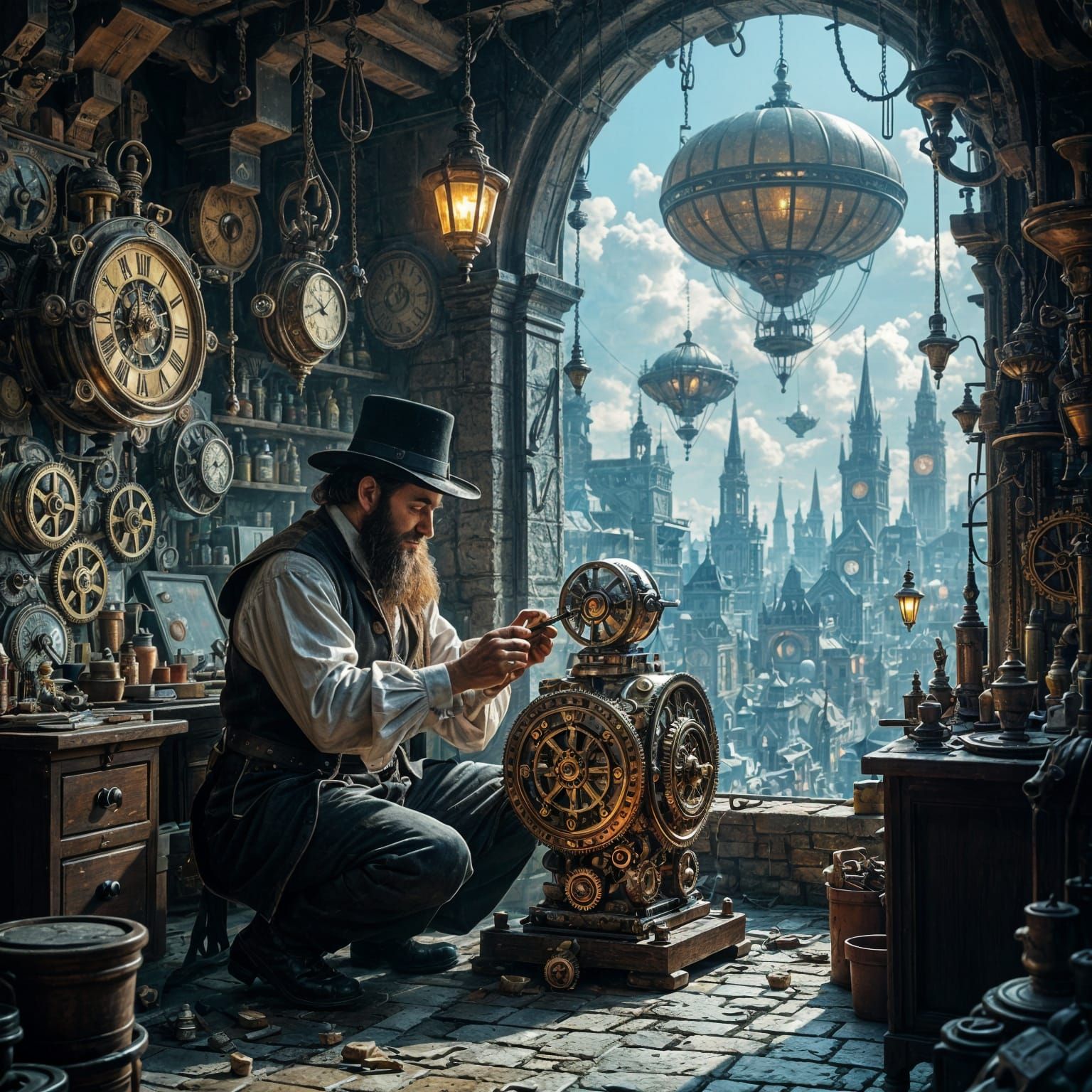 Steampunk Clockmaker Assembles Golem in Metropolis