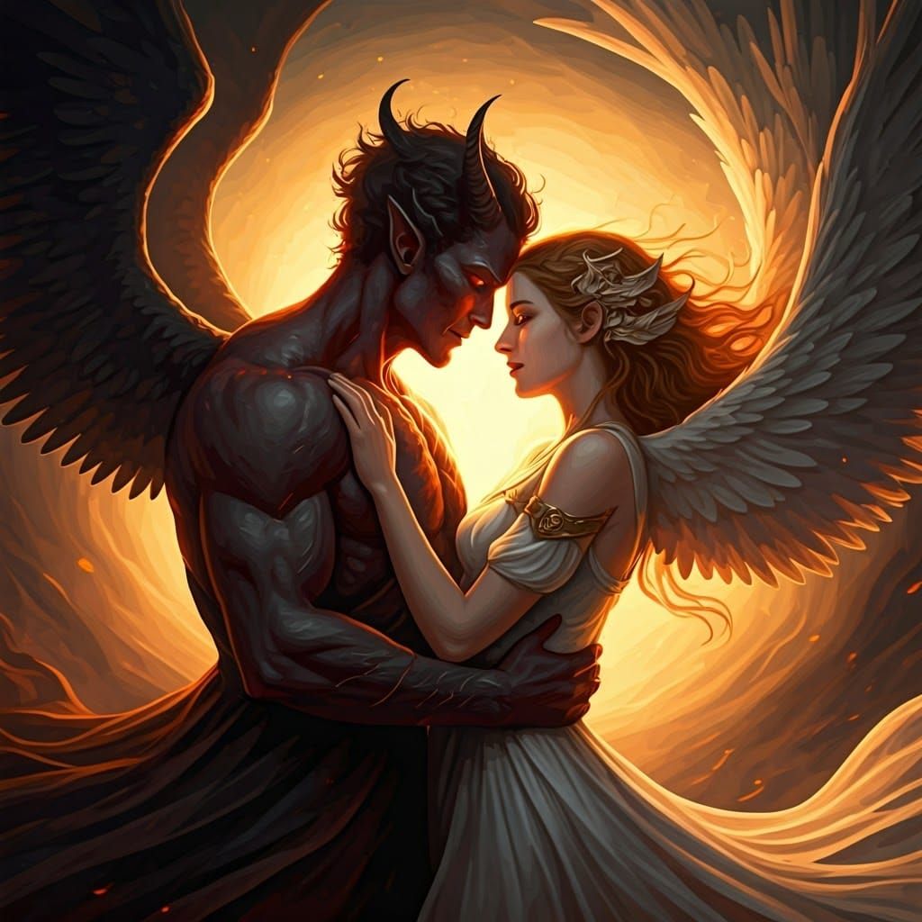 Angel Embracing Demon in Digital Art Style