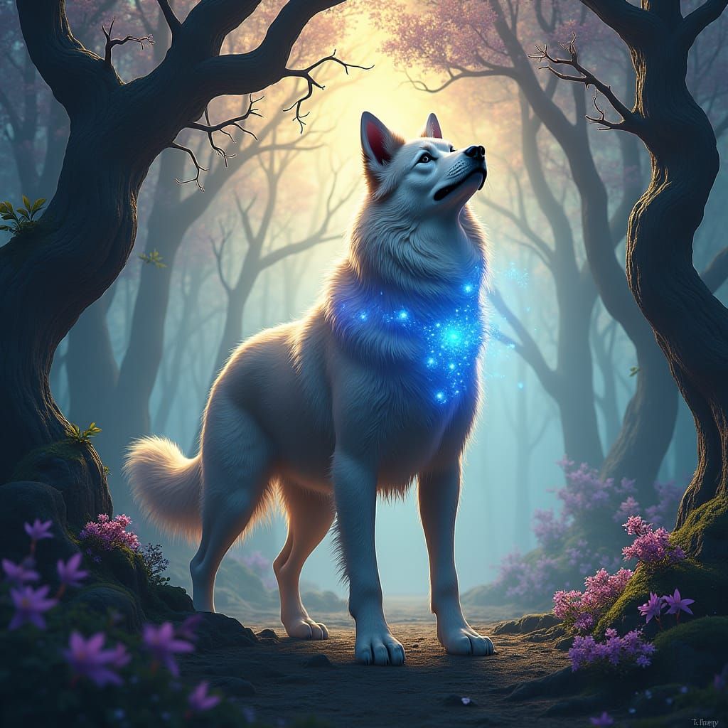 Majestic Dog in Mystical Forest, Digital Art