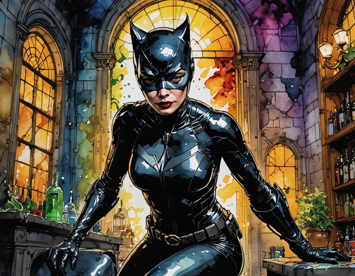 Catwoman at Avengers Mansion in Alcohol Ink