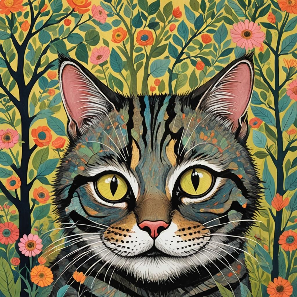 Colorful Cheshire Cat Portrait in Naive Folk Art Style