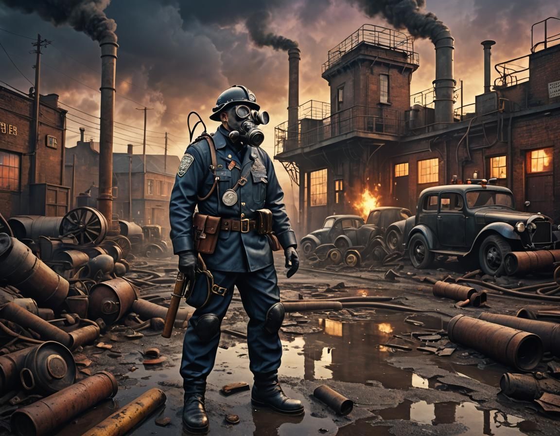 Grimdark Dieselpunk Police Station in 1940s Sunset