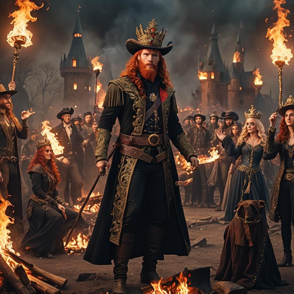 Prince with Wizard's Staff at Bonfire in Baroque Style