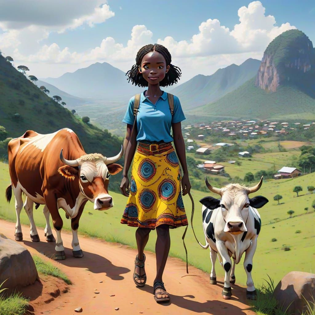 African Girl in Ghana on a Mountain with Her Cow