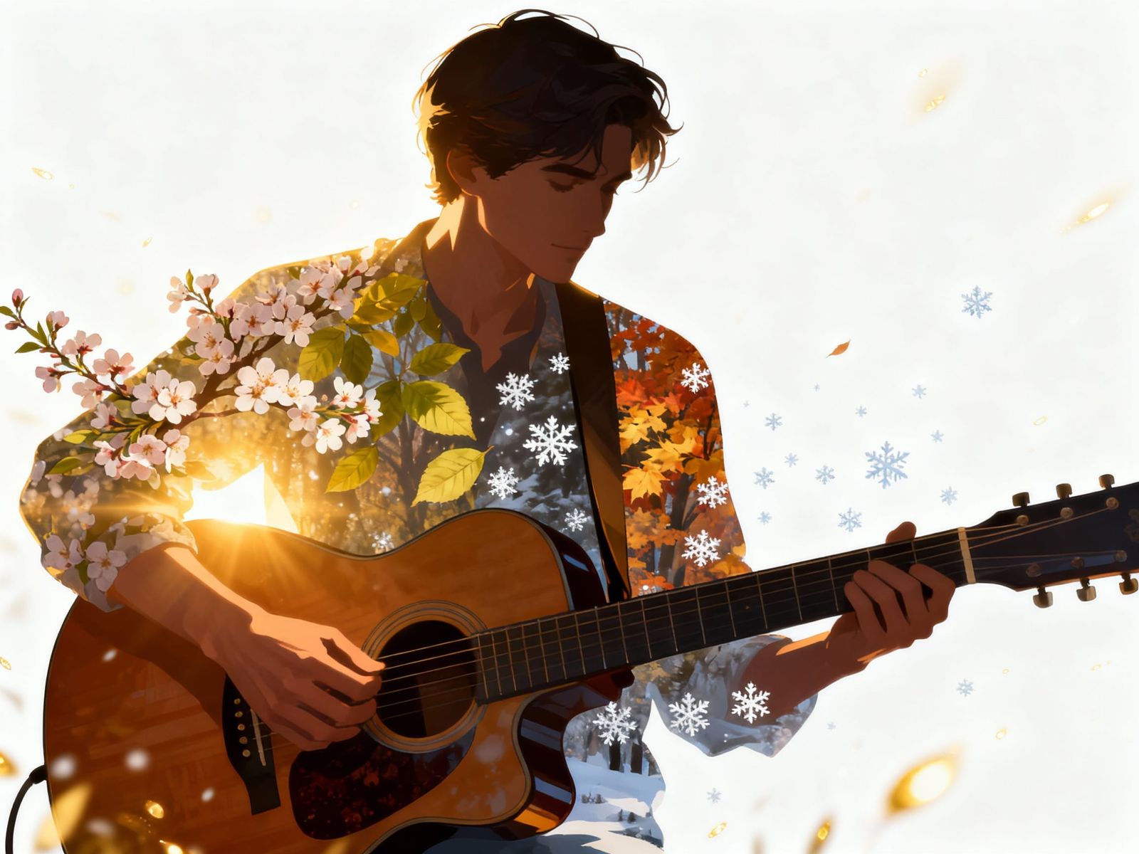 Double Exposure Man Playing Guitar With Four Seasons