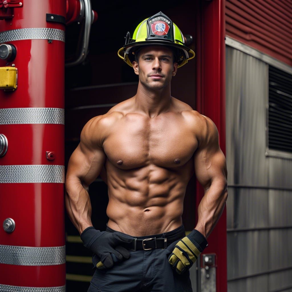 Attractive Shirtless Firefighter in Front of Fire Station