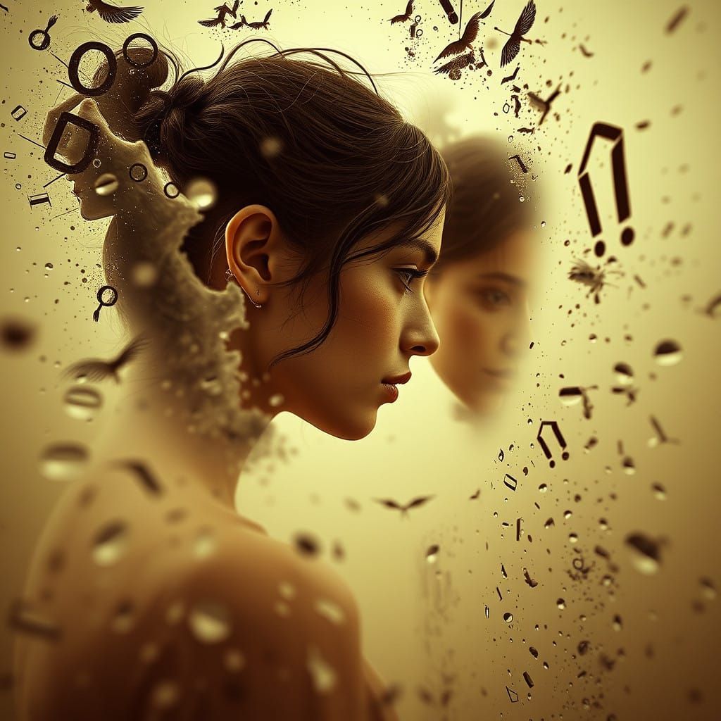 Ethereal Sepia Surrealism: Woman Confronts Timeless Reflecti...