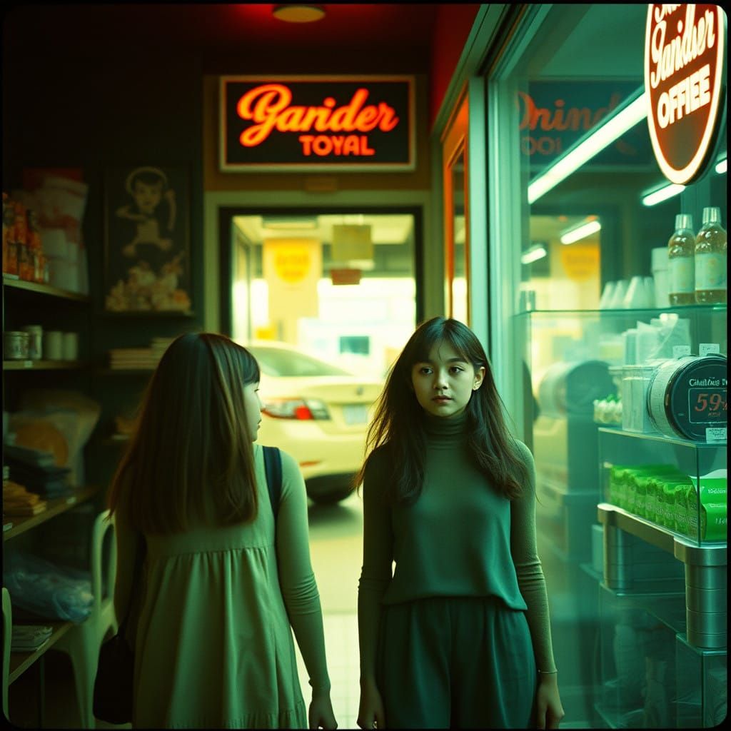 Girls Walk into a Shop in Cinematic Film Style