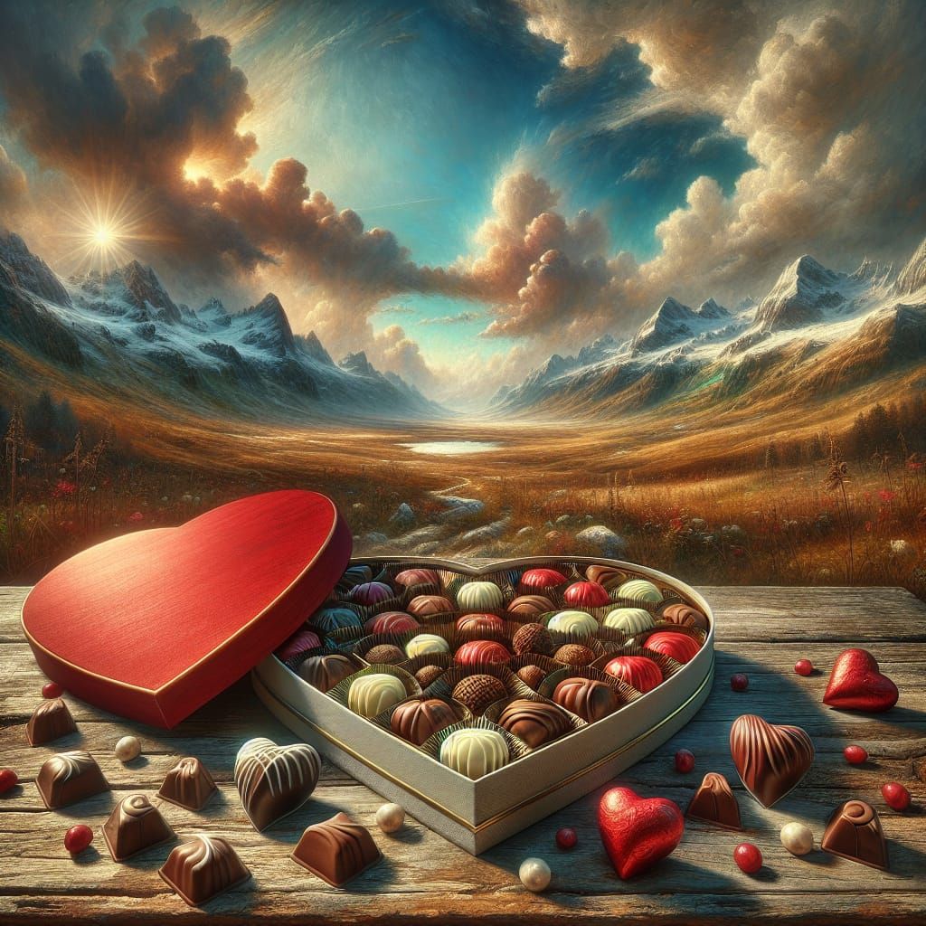 A heart-shaped red box with various chocolate pralines