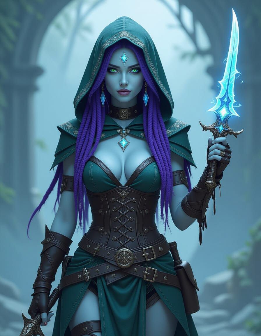 Beautiful Blue-Skinned Elf Rogue with Rune Dagger