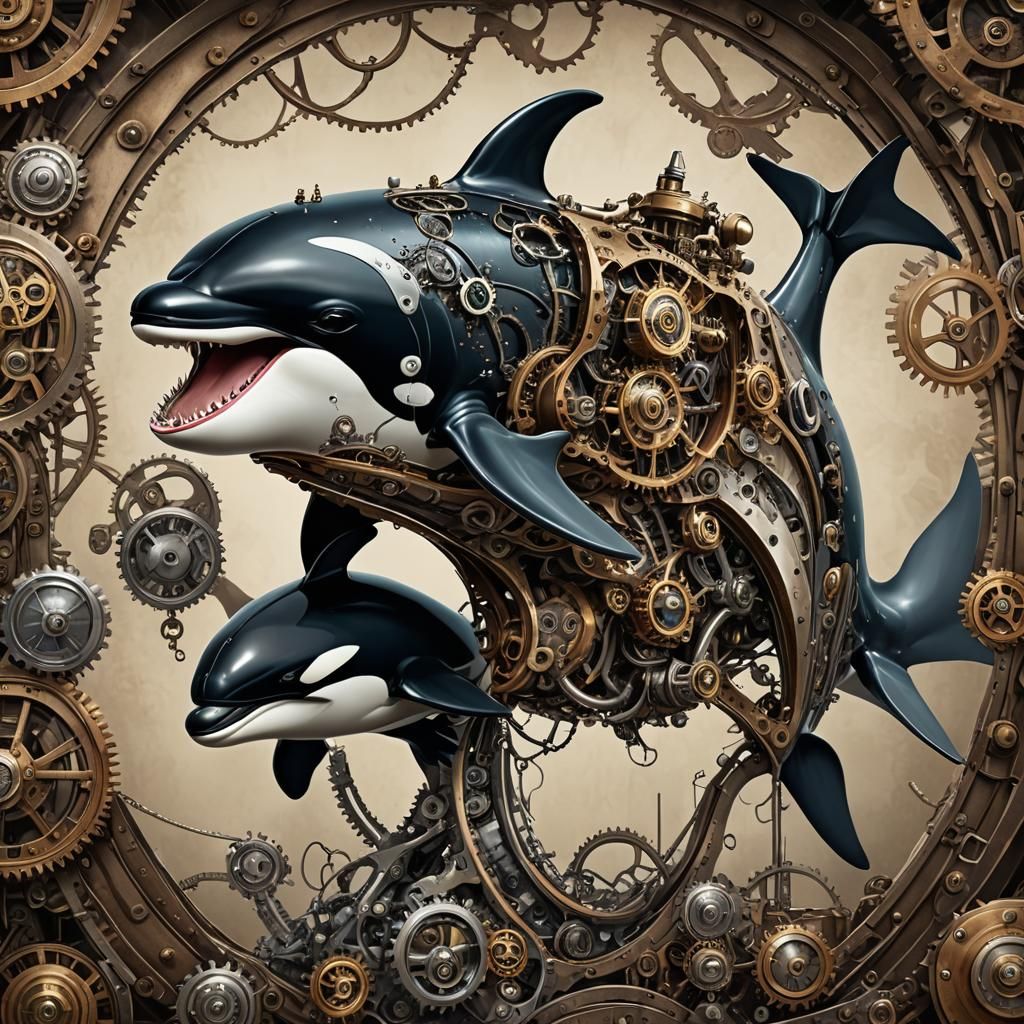 Steampunk Killer Whale Giving Birth in High Definition