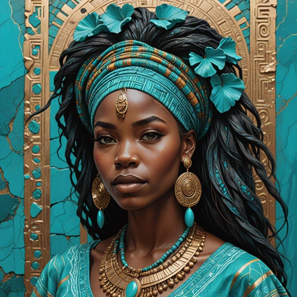 Elegant Black Woman in Turquoise Dashiki Ascending Marble St...