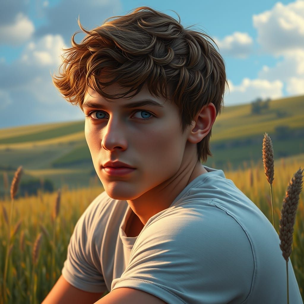 Young Man in Lush Field: Fantasy Concept Art