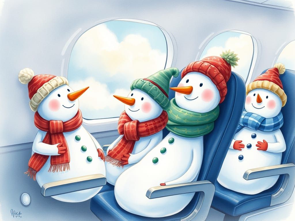 Whimsical Snowmen in Airplane Adventure