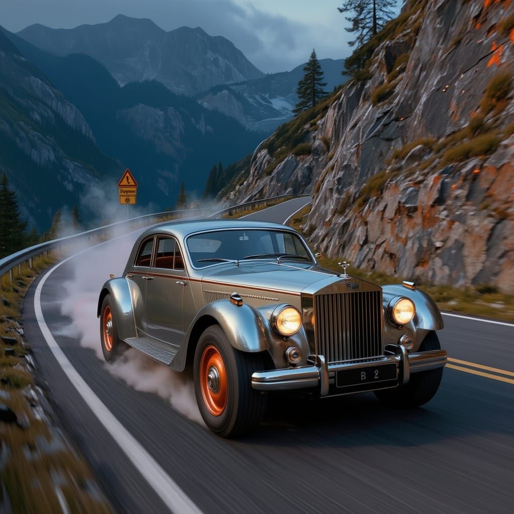 Steampunk Rolls Royce Race on Narrow Mountain Road