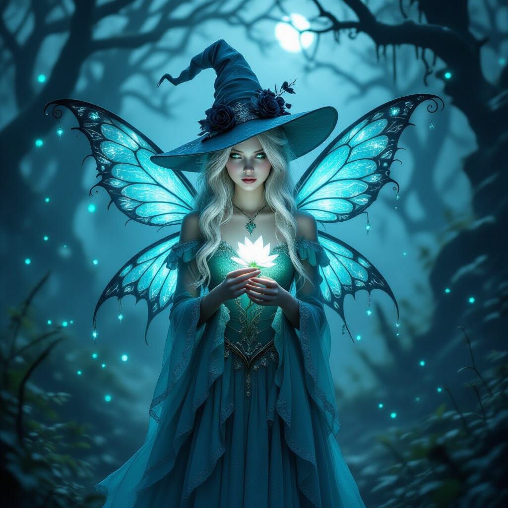 A hauntingly beautiful turquoise fairy girl in a shadowed, m...