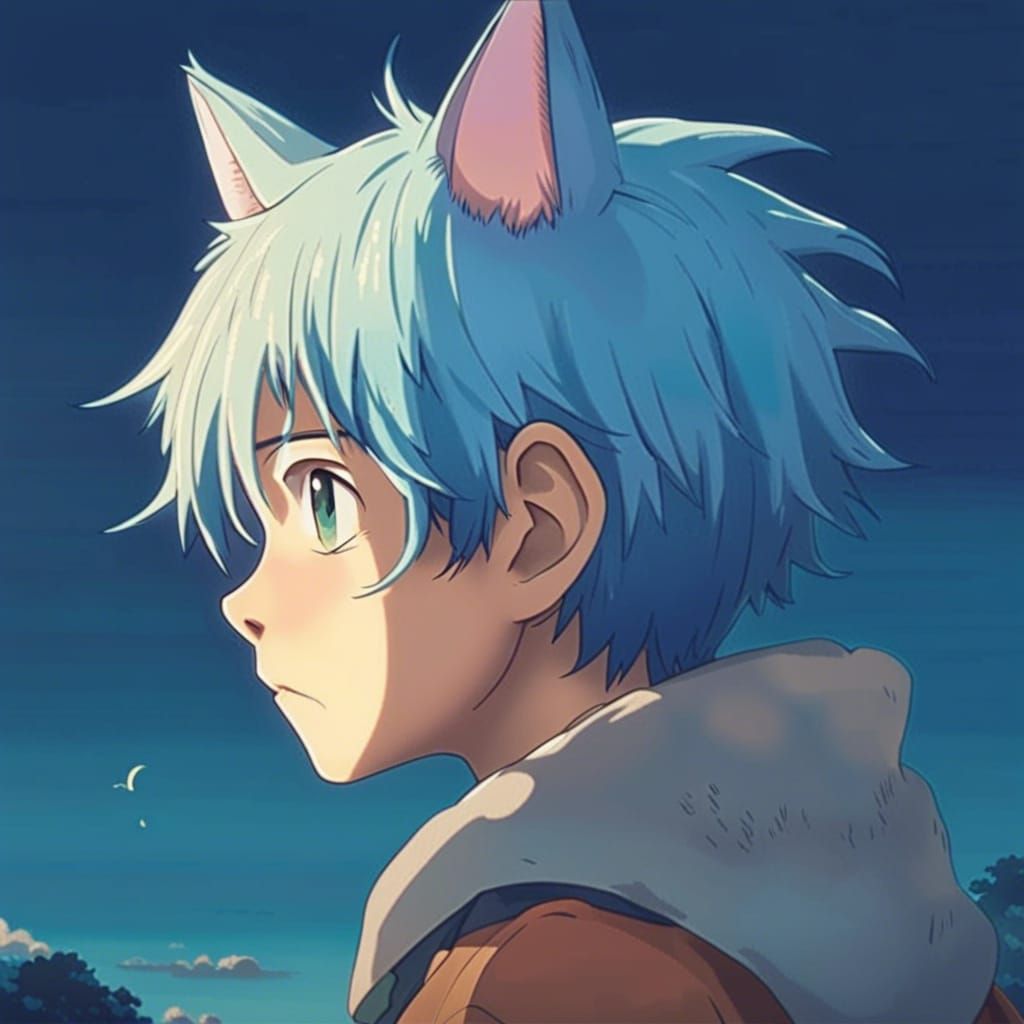 Anime Boy with Cat Features in Ghibli Style