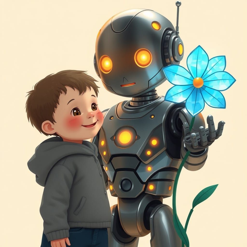 Benevolent Robot Offers Child a Vibrant Blue Flower in a Coz...
