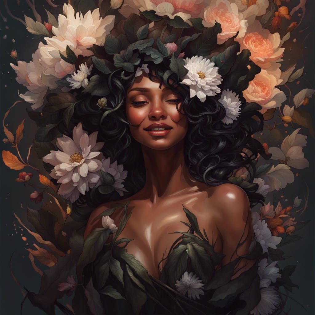 Smiling Nude Black Woman Covered in Wildflowers