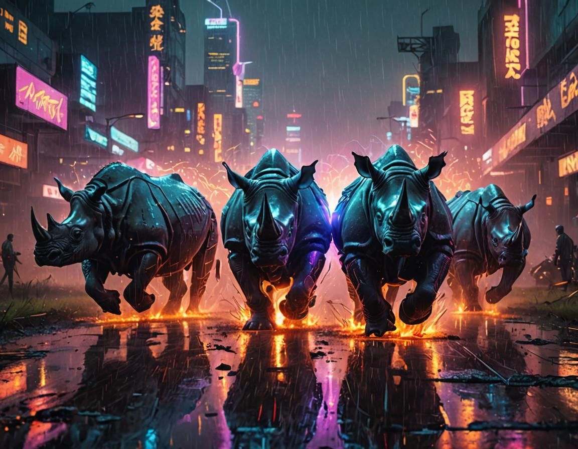 Rhino Squad Speeding Through Neon Cyberpunk Field