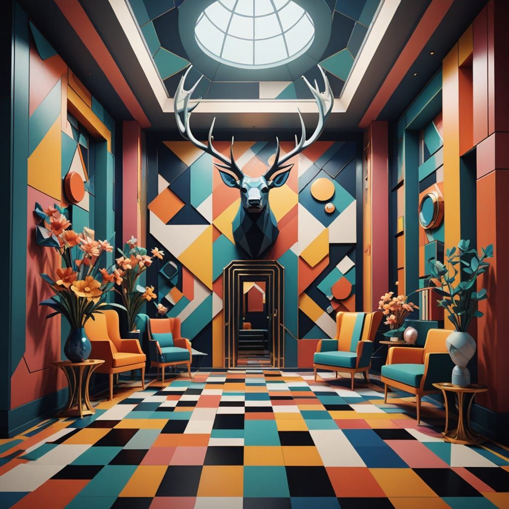 Cubist Hall with Silver Antlers in Art Deco Style