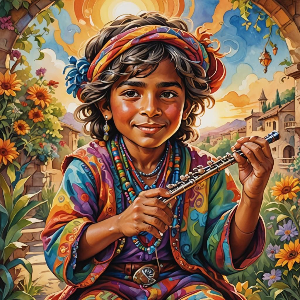 Whimsical Gypsy Boy Portrait in Cartoon Style