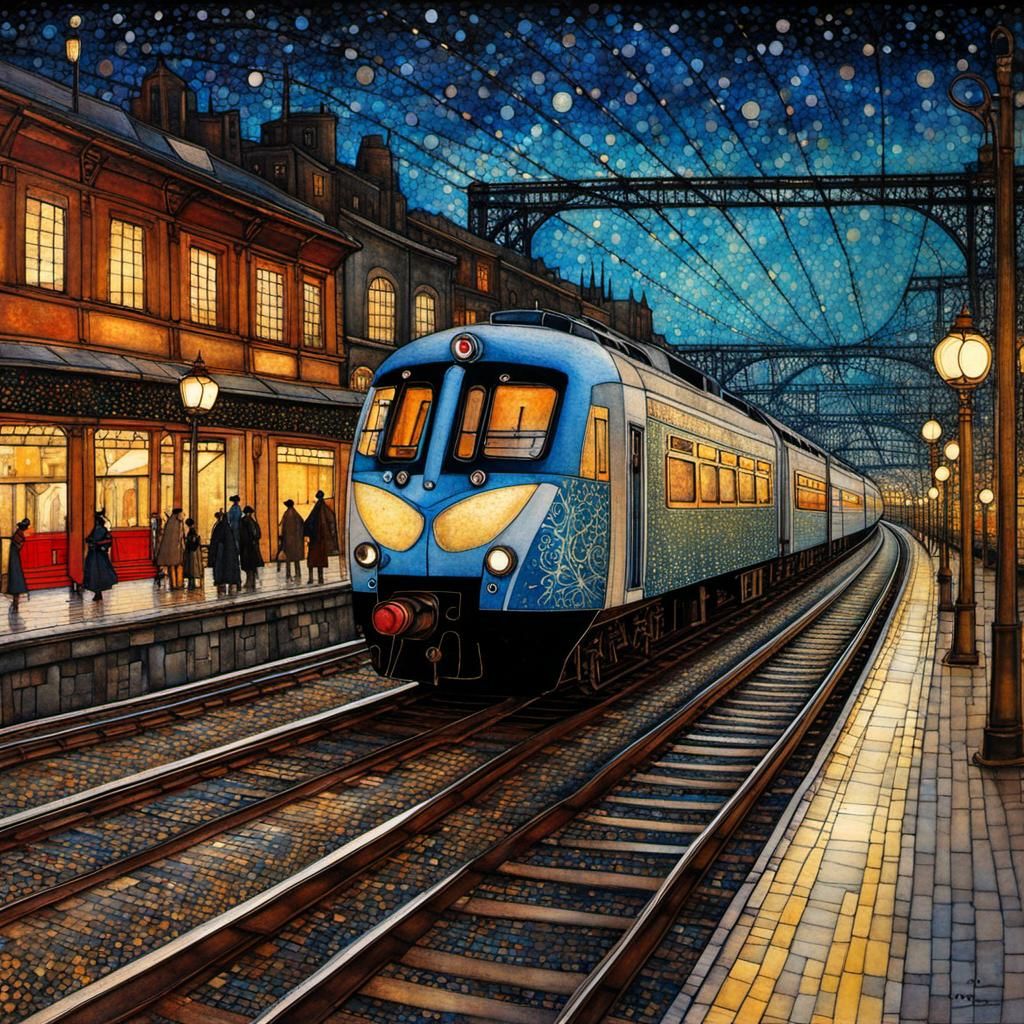 Train Arriving on Windy Spring Evening in Art Brut Style