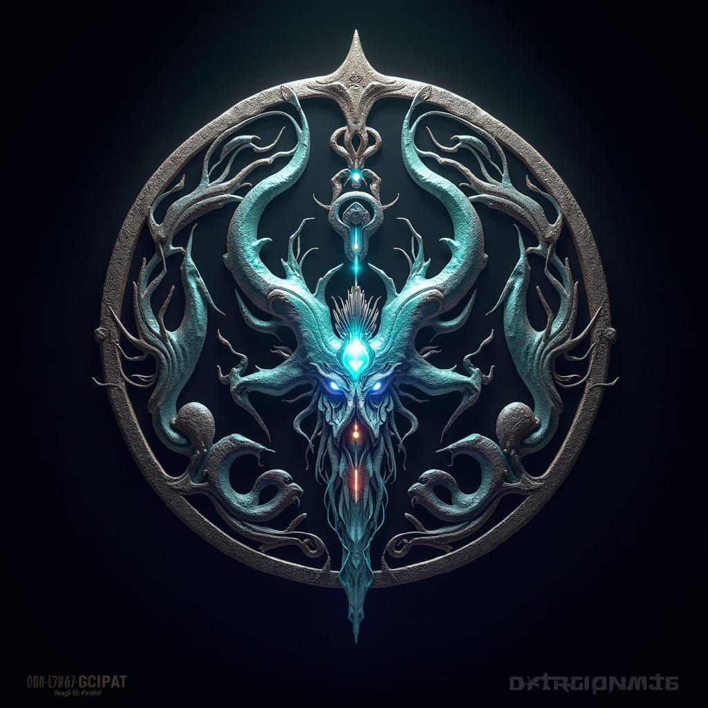 Mystical Cryptocurrency Emblem: Electric Blue and Neon Green