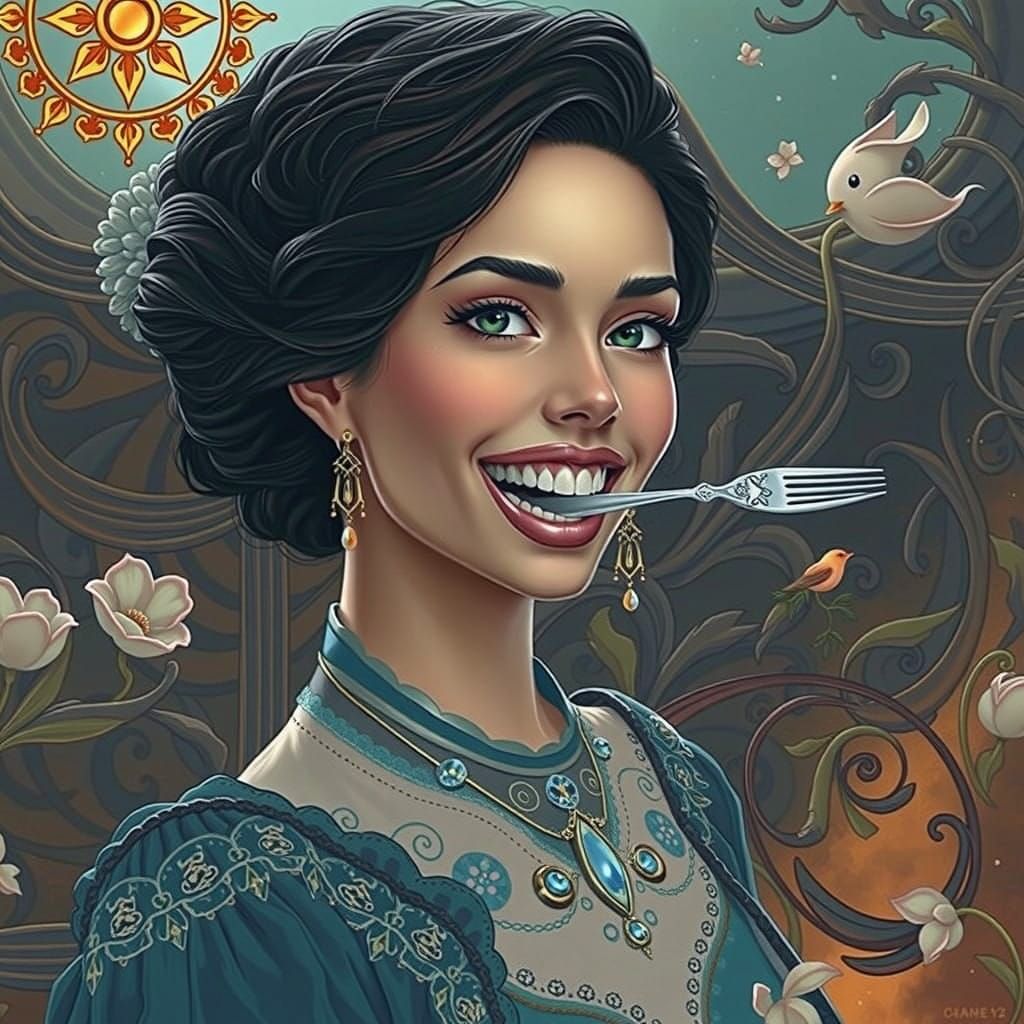 Woman in Whimsical Victorian Setting, Fork in Lip, Dreamlike...