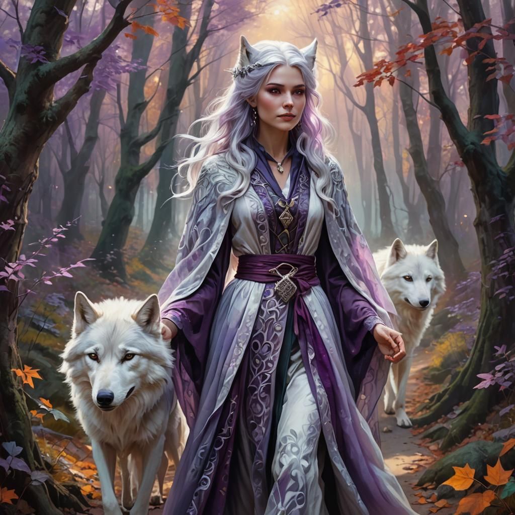 Magical Fairy and Wolf in Autumn Forest