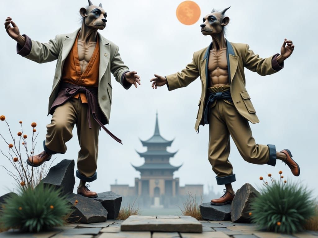 Two Dogs in Judogi Practice Kung Fu in Dojo