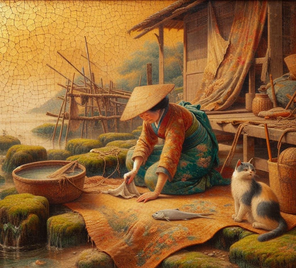 Japanese Village Fisherwoman in Antique Tapestry Style